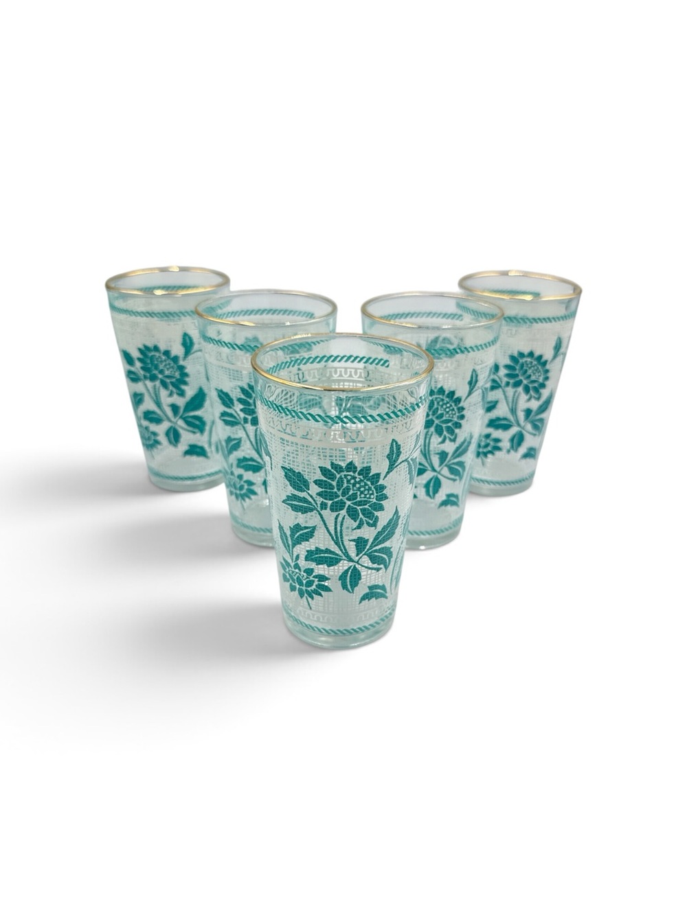 Vintage MCM Aqua White Rattan Lace Gold Rim Tumbler Glasses Set of 5